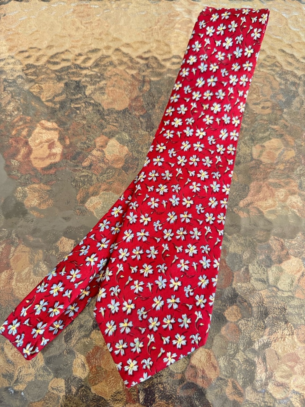 Brooks Brothers Floral 100% Silk Red Tie Blue Forget Me Not Flowers Made In USA